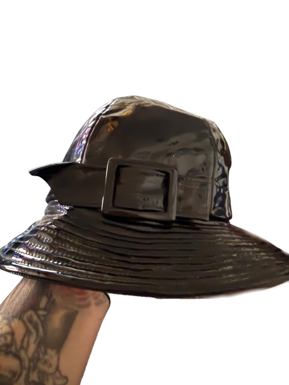 VINTAGE 1960s Mr. John Classic Black Patent Vinyl Rain Hat Mod Buckle Accent